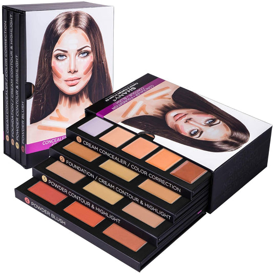 4-Layer Contour and Highlight Makeup Kit - Set of Concealer Palette, Color Corrector, Makeup Foundation Palette, Contour Highlight Palette, and Blush Palettes