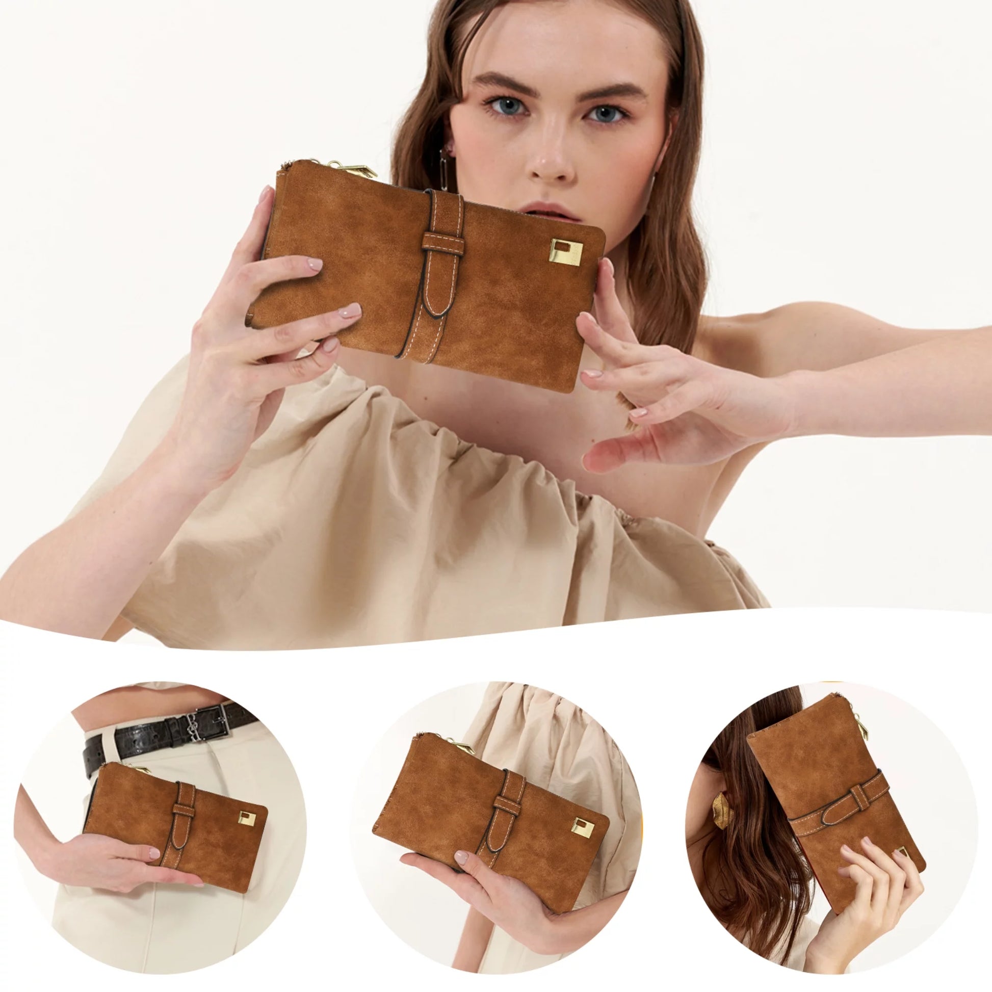 Vegan Leather Wallet,  Long Wallet with Multi-Cards for Women, Slim Bifold Purse, Card Holder with Snap, Brown