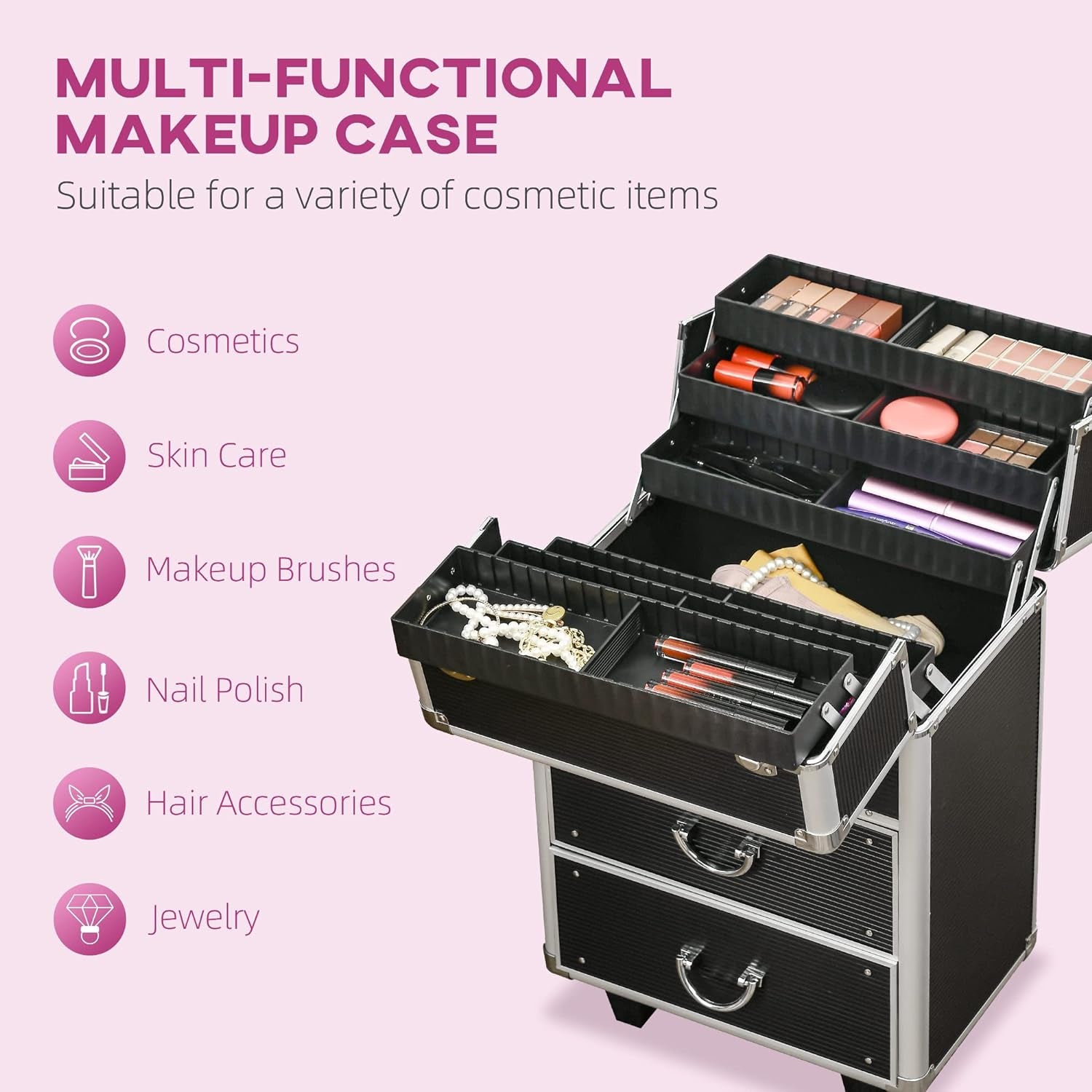 Professional Rolling Full Makeup Travel Train Case, Large Storage Cosmetic Trolley with Folding Trays, Drawer and Locks, Black