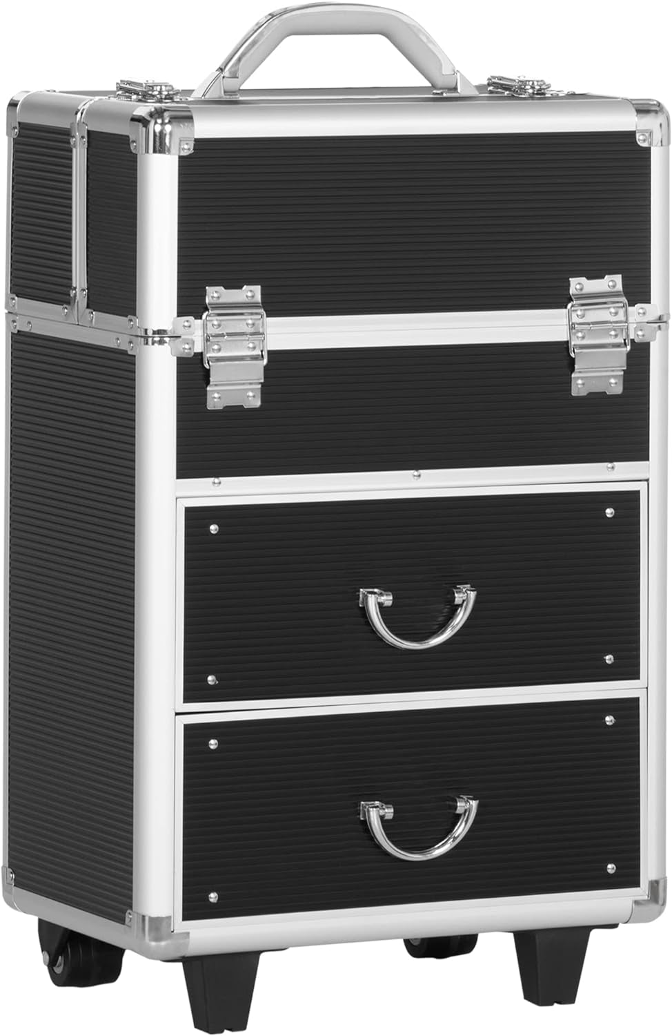 Professional Rolling Full Makeup Travel Train Case, Large Storage Cosmetic Trolley with Folding Trays, Drawer and Locks, Black