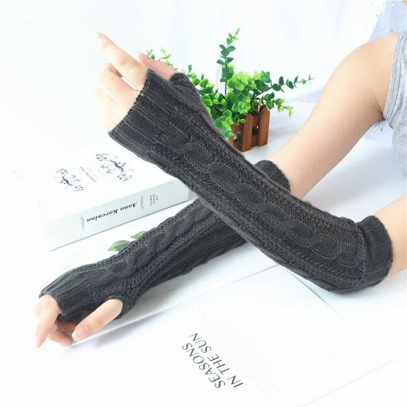 Women'S Long Fingerless Gloves Winter Punk Warm Oversleeves- Arm Sleeve Mitten