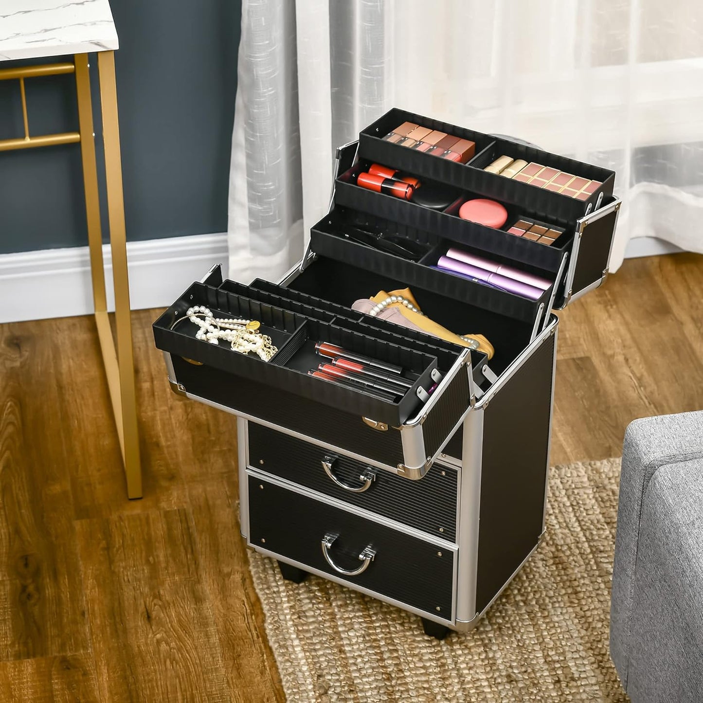 Professional Rolling Full Makeup Travel Train Case, Large Storage Cosmetic Trolley with Folding Trays, Drawer and Locks, Black